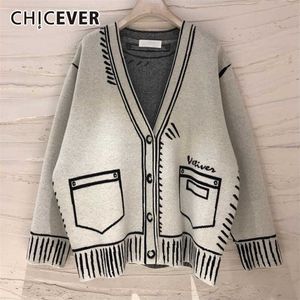 CHICEVER Maglioni allentati casuali per le donne Stampa scollo a V manica lunga Plus Size Cardigan eleganti Moda femminile Abbigliamento Stile 211215