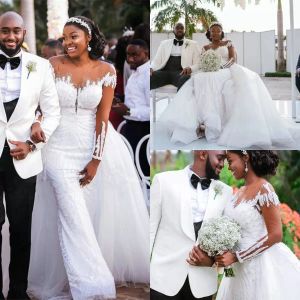 2022 Designer Mermaid Wedding Dresses Chapel Bridal Gown Overskirt Jewel Neck med långa ärmar veck Ruched Custom Made Vestido de Novia