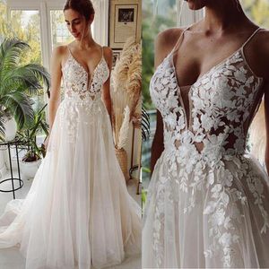 Backless 2021 Boho Suknia ślubna Koronki Appliqued Summer Beach Robe Suknie Ślubne Spaghetti Paski Tulle Uwielbia Damska Dama Dama