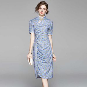 Women Summer Designer Elegant Printed Hollow Out Ruched Sexy Slim Wedding Party Robe Chinese Style Female Vintage Dress Vestidos 210525