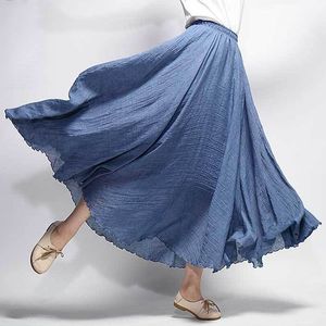 Women's Summer Ladies Casual Elastic Waist 2 Layers Skirts feminina Elegant High Waist Linen Maxi Skir 210426