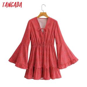 Spring Fashion Women Red Flowers Print Flare Long Sleeve Casual Female Strethy Waist Short Dress SY174 210416