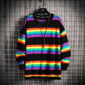 Harajuku Style Men High Street Thitshirt полоса толстовка на шеи мужская весна осень мода с длинным рукавом рубашка прохладно 211217