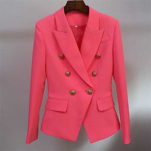 High Street Est Classic Designer Blazer Women's Metal Lion Knapp Dubbelbröst Jacka Fluorescerande Orange Rosa 211019