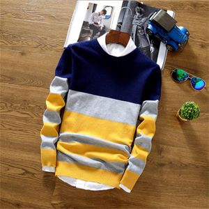 Mens outono moda casual crocheted listed cor bloco fino malhas jumper pulôver camisola homens masculino jersey roupas