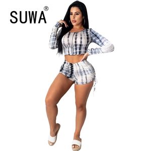 Tie Tye Jogger Tracksuit Outfits Verão Mulheres 2 Parte Set Manga Longa Colheita Túnica Túnica + Biker Shorts Sportswear Sexy Fitness Wear 210525