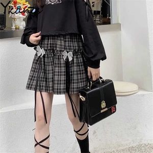 Goth Black Plaid With Bow Mini Skirts Vintage High Waist Aesthetics Ruffle Pleated Skirt Women Streetwear Bottom For Girls 210619