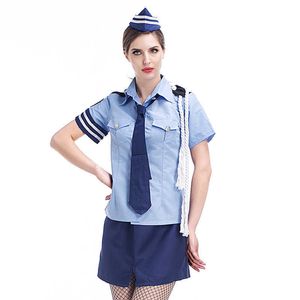 Halloween Costume Blue Sexy Women's Clothing Police Role Cosplay Clothes Suit Uniform Y0913