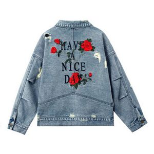 Women Denim Jacket Blue Loose Embroidery Frayed Pocket Oversize Moto Biker Punk Rose C0090 210514