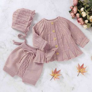 Primavera Outono Infantil Bebê Meninas Cardigan Cardigan Casaco + Calças + Chapéu Conjuntos de Roupas Kids Girl Knit Roupas 210521