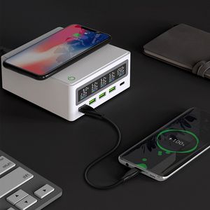 Wholesale Five USB and Type C port 65W QC3.0 power adapters with LED display feature for fast wireless charging of Qi iPhones, Samsung, Xiaomi phones or tablets