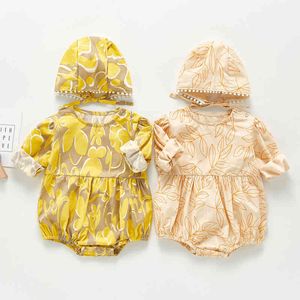 Baby Girl Leaf Rompers + Hat Long Sleeves Sweet Triangle Crawl Clothing 210429