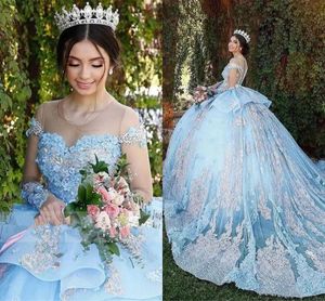 Księżniczka Ball Suknia Koronki Quinceanera Suknie Sky Niebieskie 15 Słodkie 16 Puffy 3D Floral Plus Size Party Party Suknie Vestidos de Novia