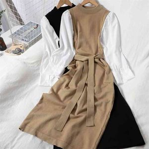 Korean Fashion Women Maxi Dress Partchwork Shirt Knitted Dresses Office Lady Elegant Belt Vestidos Drop 210601