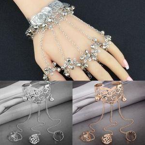 Link, Chain Simple Multilayer Tassel Slave Bracelet Gold Silver Color Alloy Bangle WIth Finger Ring Harness Hand Jewelry Accessories