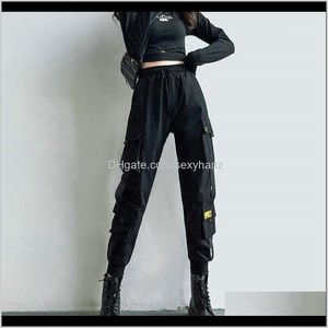 Capris Womens Cargo Pants Black Ribbon Pocket Jogger Elastico in vita High Streetwear Harajuku Pant Punk Femmine Pantaloni Harem Pants1 Vf 85Uqy