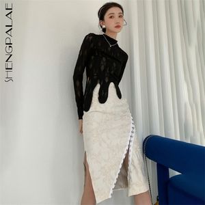 Temperament Stand Collor Mirco Transparent Long Sleeve Irregular Tops And High Waist Mid-calf Skirt Two Pieces Set 210427