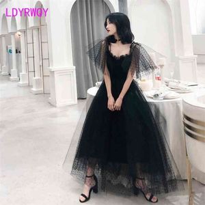 suspenders open back black retro thin party gauze fluffy dress Zippers Ankle-Length Solid Short Office Lady 210416