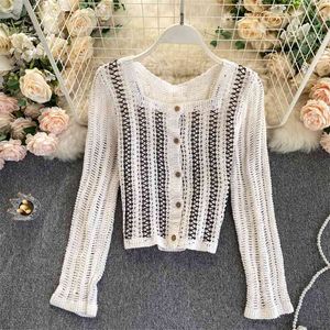 Hollow Sweater Knit Women's Square Neck Long Sleeves Striped Inner Wear and Outer Small Cardigan UK325 210507