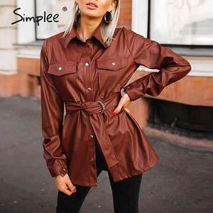 Старинные искусственные кожаные рубашки для рубашки женщины осень зима PU куртки пальто с поясом Chic Streetwear карманы пальто наполнителя для женщин 210414