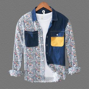 Koszulki męskie Drukuj z długim rękawem Koszula dla mężczyzn 100% czysta bawełniana patchwork topy odzież męski jesień styl przycisk denim