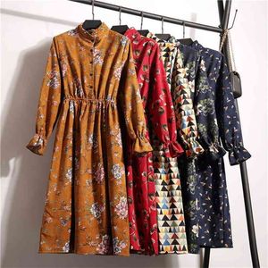 Corduroy Floral Printed Midi Winter Dress Women Single Breasted Long Sleeve Elegant Vestido Elastic Waist Slim High Street 210522