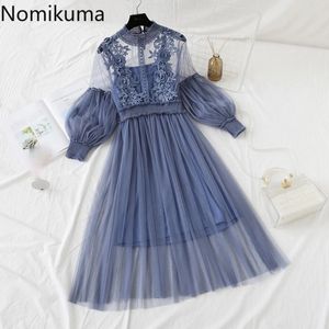 Nomikuma Lace Patchwork Elegant Dress Women Two Piece Spring Slim Waist Long Sleeve A Line Dresses See Through Robe 210514