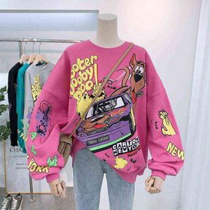 Women Hoodies Autumn Funny Cartoon Car & Dog Print Sweatshirt Oversized Streetwear Sweatshirts Hip Hop Cool Pullover Tops 211108