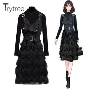 Trytree Höst Vinter Två Piece Set Casual Stickning Basic Top + Sling Dress Pu Patchwork Tassel Hem High Street 2 Piece Set 211106