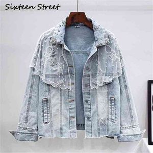 Jesień kobieta Denim Kurtka Diamentowa Pearl Haft Casual Moda Luźny Płaszcz Kobieta Mesh Patchwork Vintage 210603