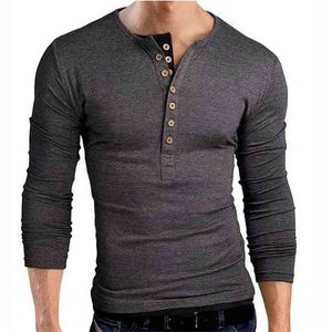 Grå T-tröja Tee Shirt Homme Double V Neck Henley Långärmad Män Slim Fit T-tröja XXL 210716