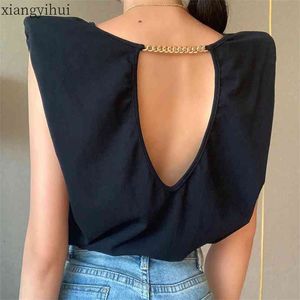 Черное повседневное плечо мягко говорящая металлическая цепочка для металлической цепи Свободные женские женские футболки летняя мода круглые шеи без рукавов 210720
