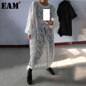 [EAM] Abito lungo da donna in pizzo bianco di grandi dimensioni, girocollo, manica lunga, vestibilità ampia, moda primavera autunno 1N852 21512