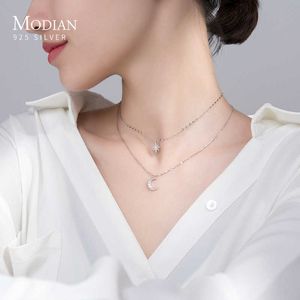 Modian 925 Sterling Silver Shining Zircon Stackable Star Moon Pendant Necklace Women Wedding Party Fine Jewelry