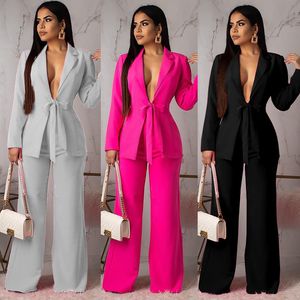 Waist Tie Small Suit Fashion Casual Professional Female Two-piece Suit Women Sweat Suit Set Womens Suits Blazer with Pants 210422