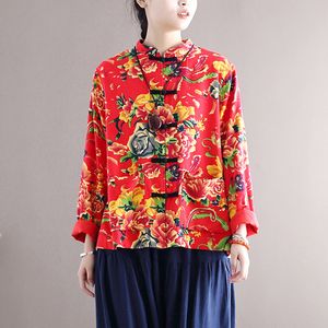 ジョニーチャー女性ビンテージプリント花のシャツトップススタンド長袖ボタン中国風ブラウスルーズポケットスプリングシャツ210521