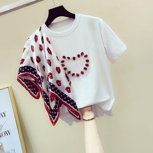 Women's O Neck Short Sleeves Patchwork Scarf Rhinestone Cotton Tee T-Shirt Summer Girls Pullover Casual Tops Tees A2687 210428