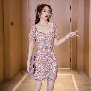 Mini Elegant print Dress for women Summer Korea Short Sleeve square neck chiffon Ladies Sexy Dresses 210602