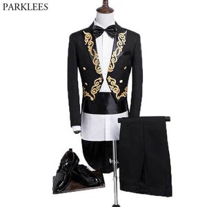 Gold Floral Embroidery Tuxedo Tailcoat Men Slim Fit 4 Pcs Dress Suits Mens Pianist Prom Wedding Dinner Swallow-Tailed Coat Black 210522
