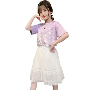 女の子のための服tシャツ+メッシュドレス10代の服のアップリケを設定夏のトラックスーツ子供6 8 10 1 210527