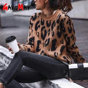 Oversized Mohair Pullover Leopard Sweater Women Winter Elegant Long Sleeve Loose Brown Sweaters Ladies Print Jumper 210428