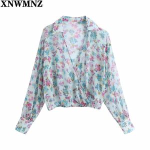 Женщины мода полупрозрачные цветочные принты подрезанные блузки женщины старинные с длинным рукавом эластичные подол женские рубашки шикарные вершины 210520