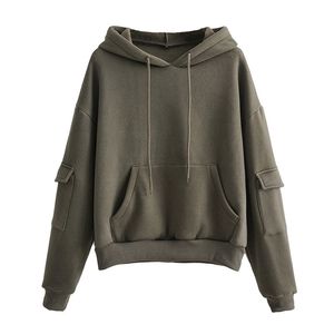 Blsqr Kadınlar Polar Hoodie Tişörtü Moda Ordu Yeşil Gevşek Bayan Kazaklar Sıcak Cep Kapüşonlu Ceket 210430