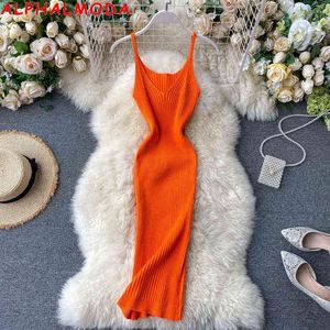 ALPHALMODA Summer Knitting Dress Women Solid Color Casual Body-con Dress Pullovers Simple Step Dress G1214