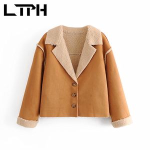 vintage suede Loose Single Breasted woman jacket warm lambswool Jackets Coats long sleeve Casual Outerwear Winter 210427