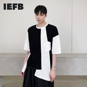 IEFB contraste cor retalhos de manga curta homens camisetas Streetwear solta O-pescoço Tee Tops Camisetas Hombre Vestir Vestuário 210524