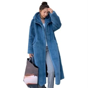 ウィンターコートの女性のファックスウサギの髪の韓国のフード付き模造ミンクロングジャケット緩い厚い暖かい211220