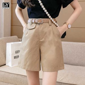 Ly varey lin verão casual mulheres retas shorts pretos com cinto feminino perna larga cor sólida solta bege midi 210526