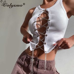 Colysmo vit tank toppar crewneck ärmlös solid färgkedja sexig cut out grödor topp damer cami party kläder casual streetwear 210527