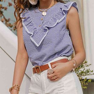 カジュアルな女性のノースリーブの格子縞のシャツフリルOネックのオフィスの女性のシャツのボタンエレガントなストリートウェア女性トップス夏210623